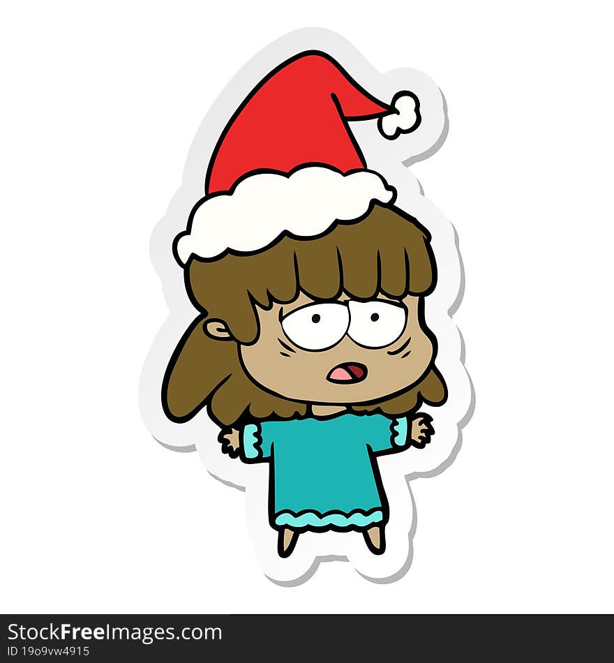 sticker cartoon of a tired woman wearing santa hat