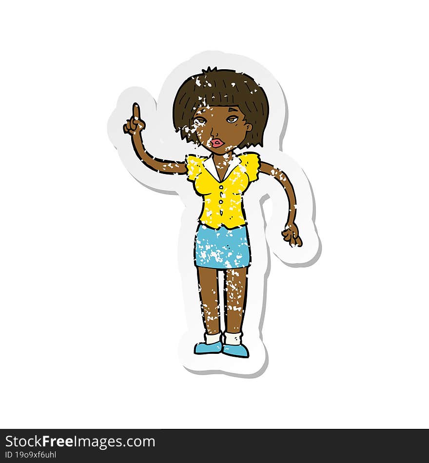 retro distressed sticker of a cartoon woman with idea