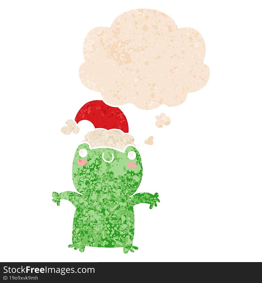 cute cartoon frog wearing christmas hat and thought bubble in retro textured style