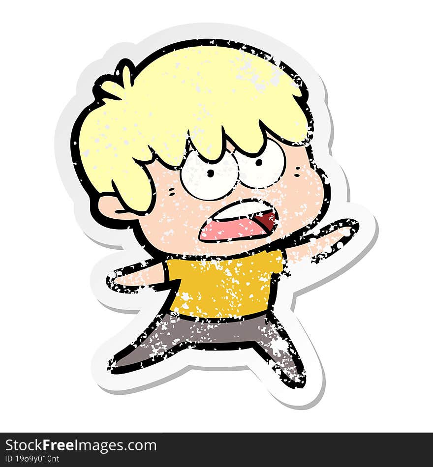 Distressed Sticker Of A Worried Cartoon Boy