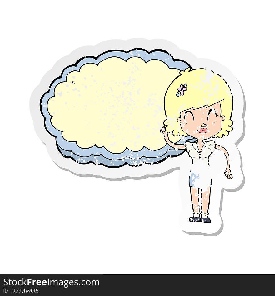 retro distressed sticker of a cartoon woman with cloud text space