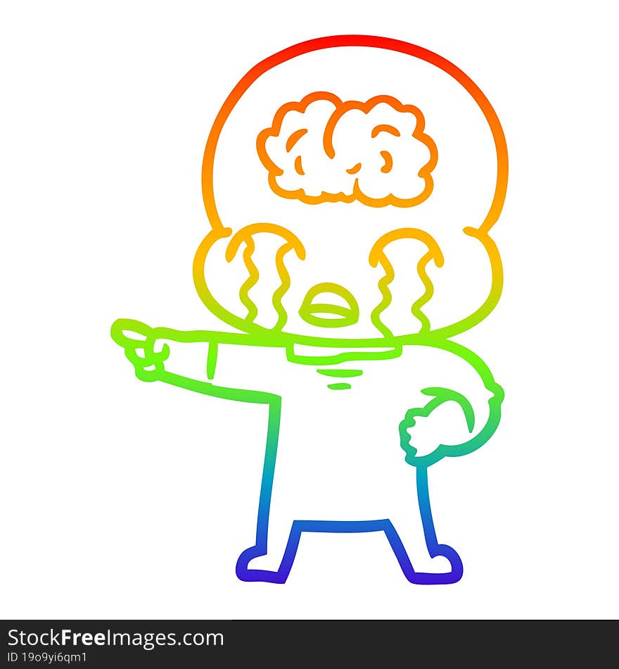 Rainbow Gradient Line Drawing Cartoon Big Brain Alien Crying And Pointing