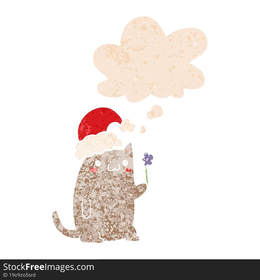 cute cartoon christmas cat and thought bubble in retro textured style