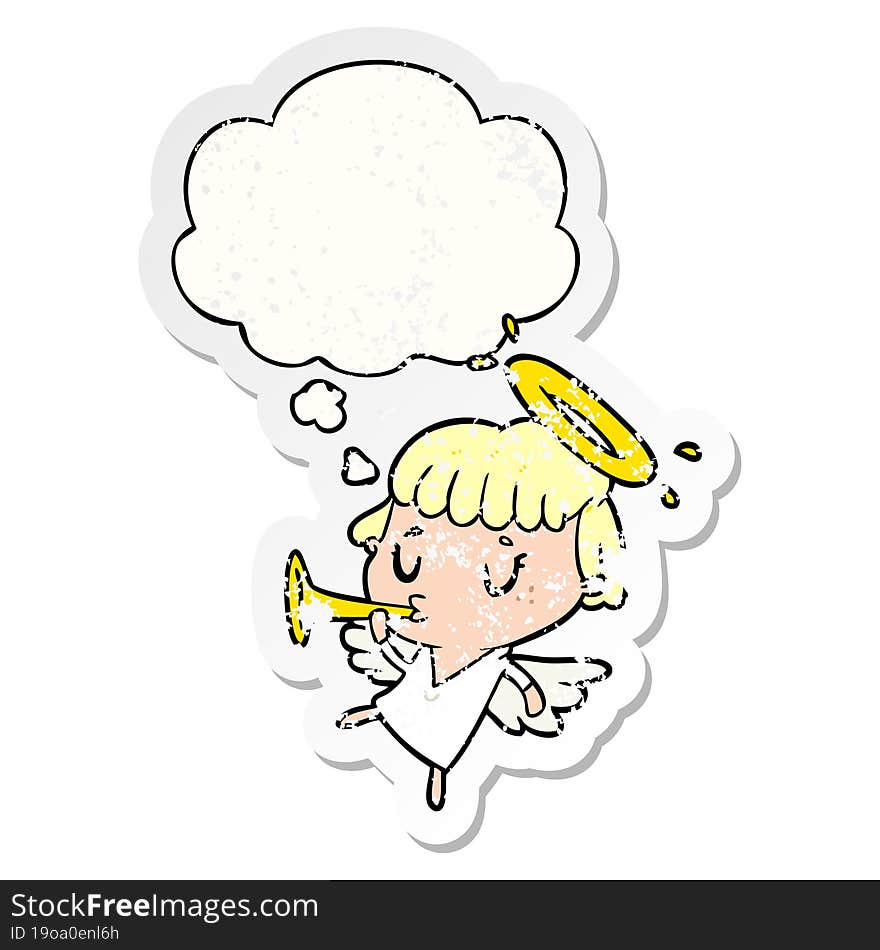 cartoon angel with thought bubble as a distressed worn sticker