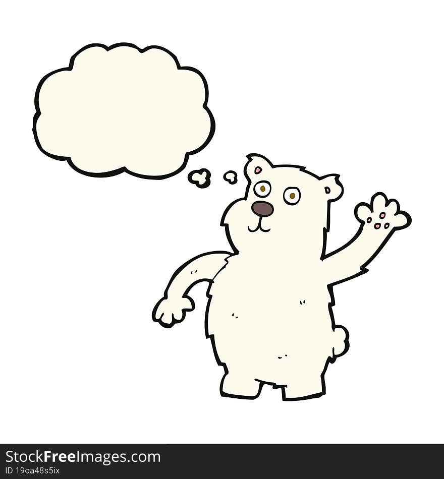 cartoon waving polar bear with thought bubble