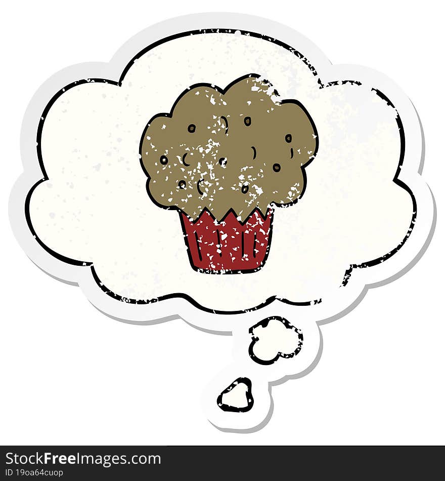 cartoon muffin with thought bubble as a distressed worn sticker