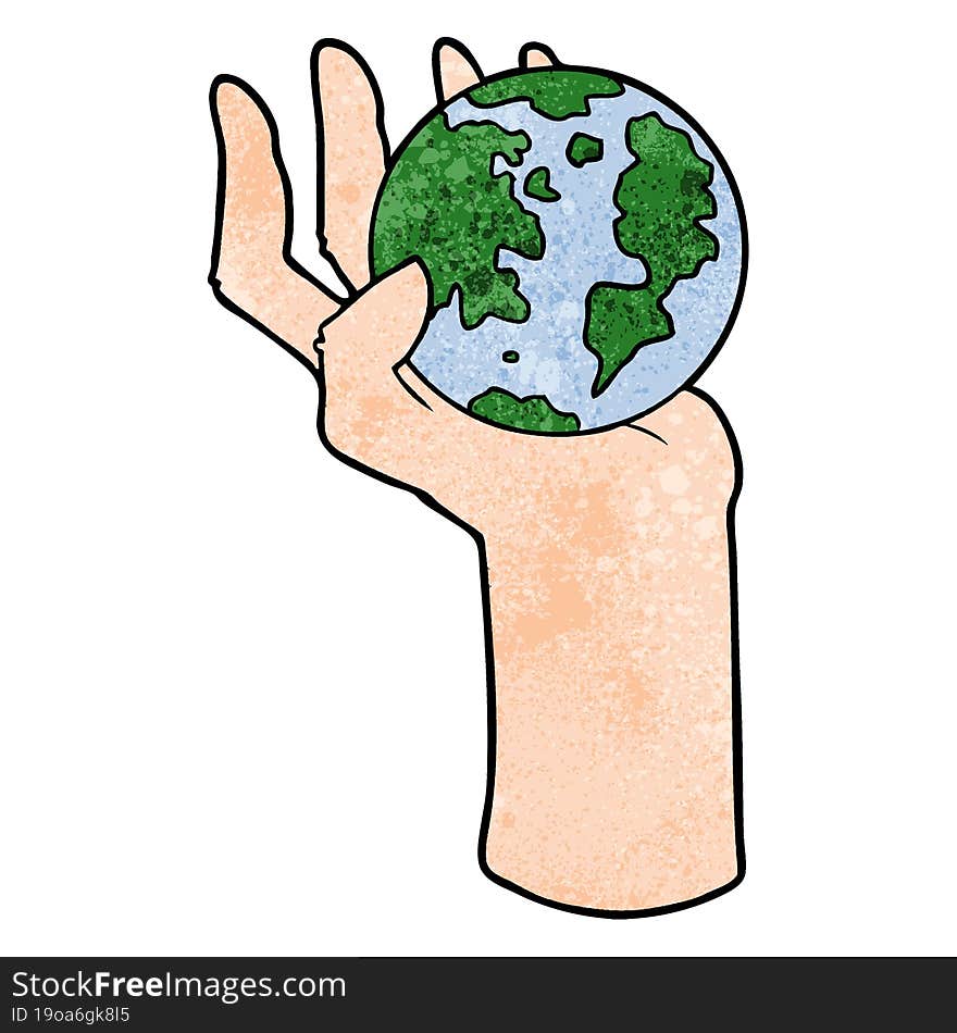 cartoon hand holding whole earth. cartoon hand holding whole earth