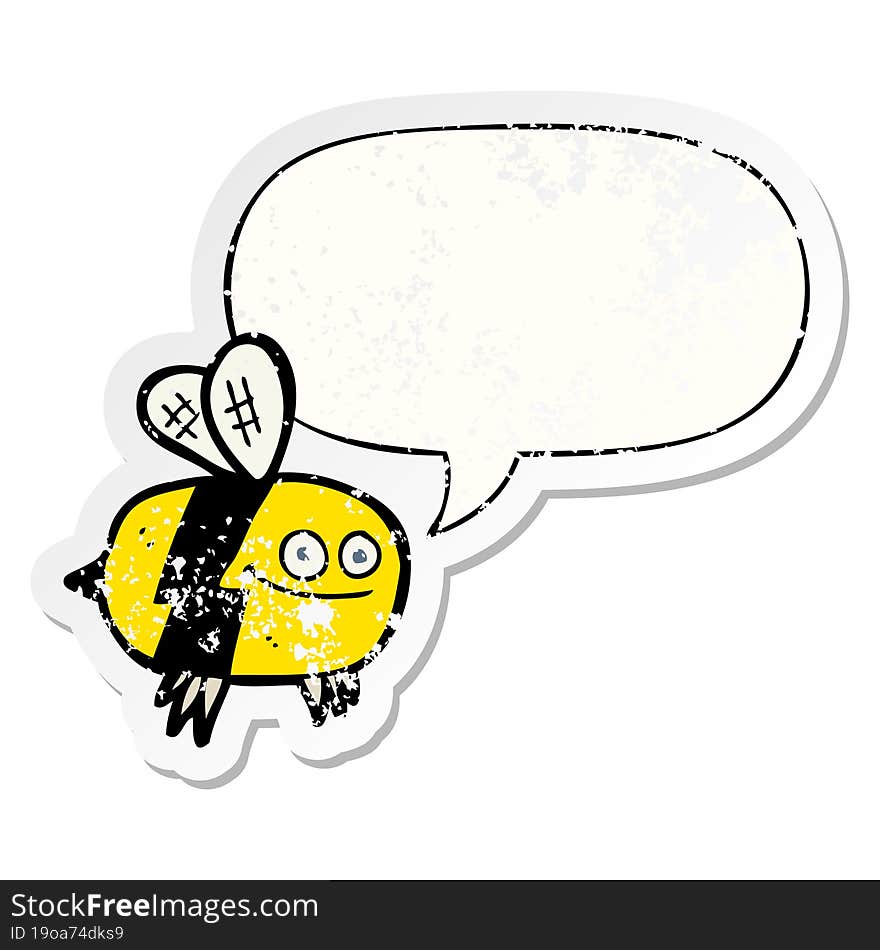 cartoon bee with speech bubble distressed distressed old sticker. cartoon bee with speech bubble distressed distressed old sticker