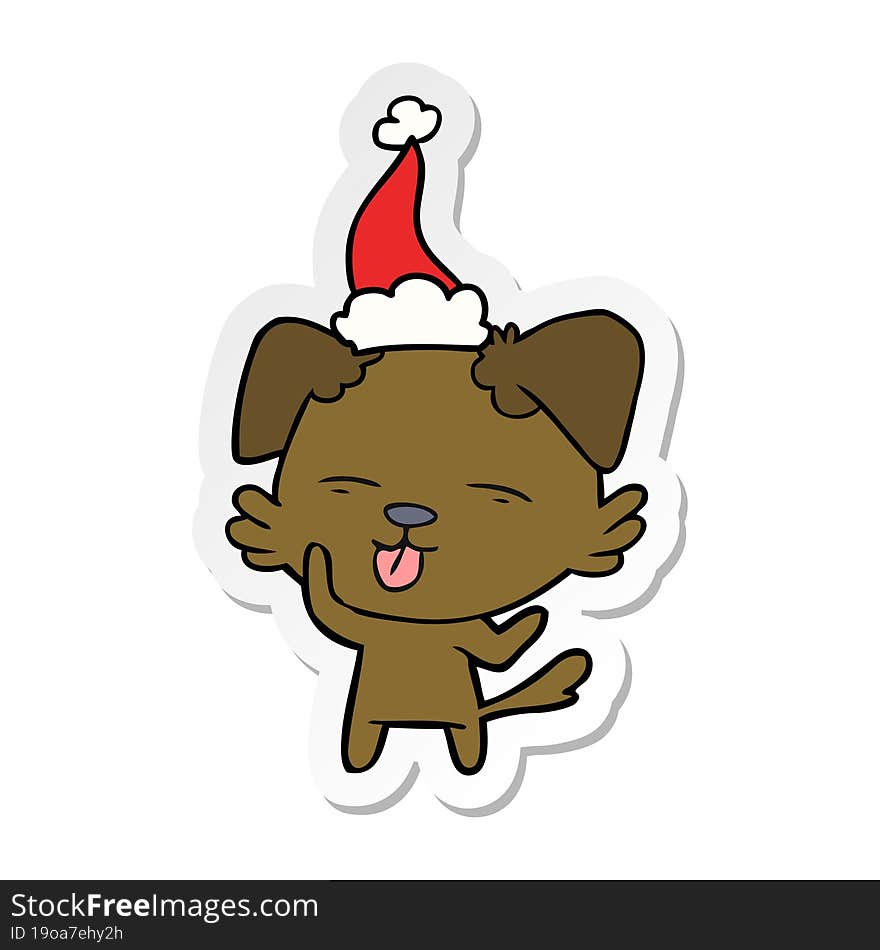 Sticker Cartoon Of A Dog Sticking Out Tongue Wearing Santa Hat