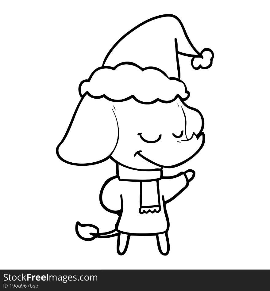 line drawing of a smiling elephant wearing scarf wearing santa hat