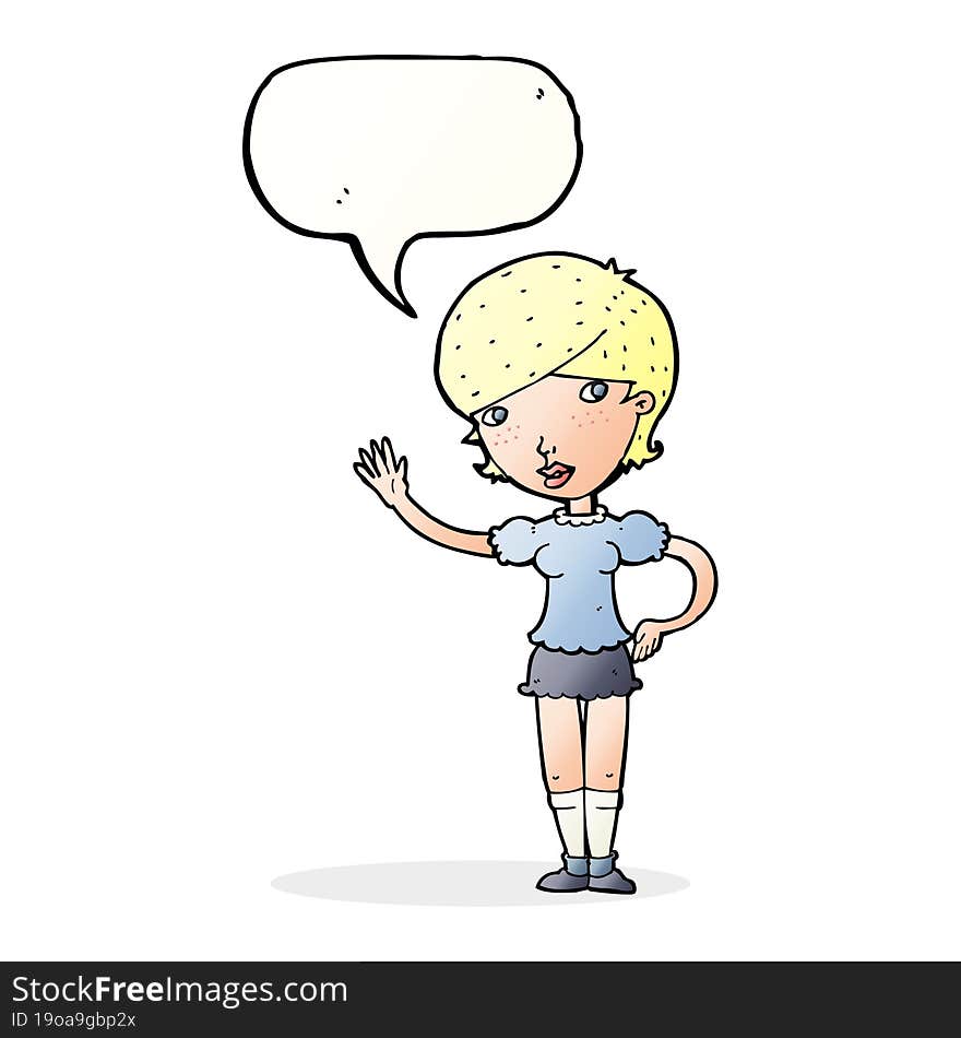 Cartoon Girl Waving With Speech Bubble