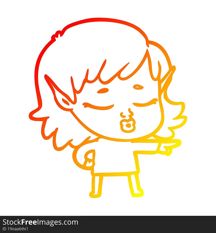 warm gradient line drawing pretty cartoon elf girl pointing