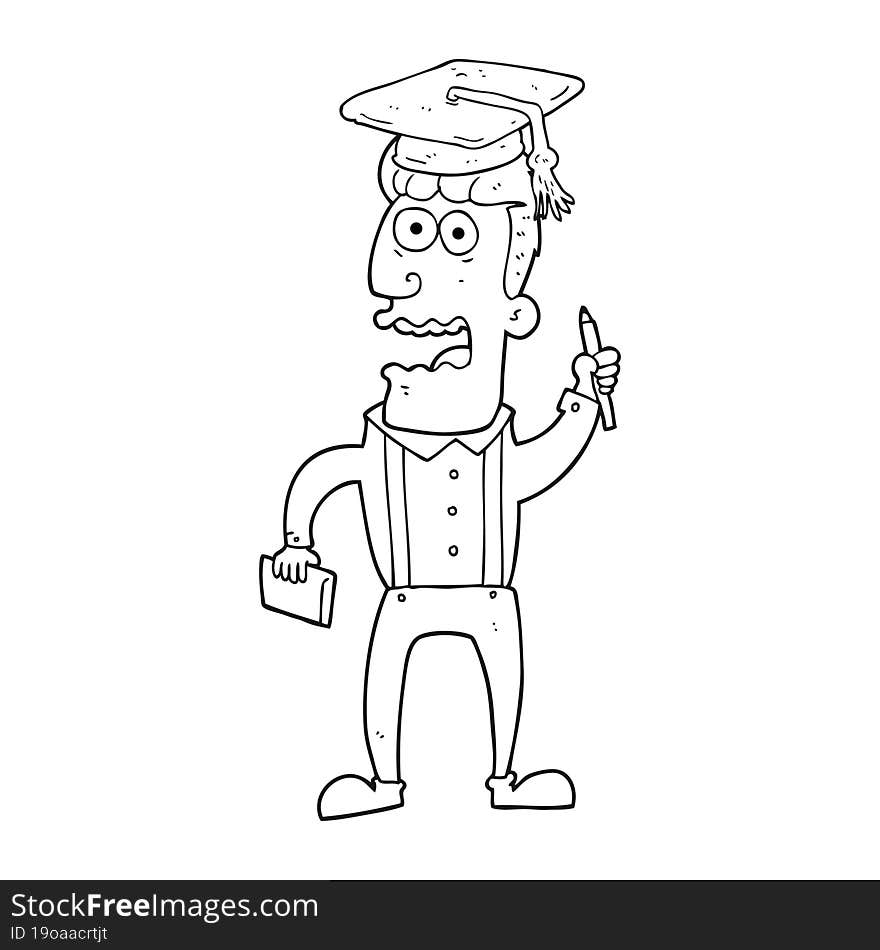 freehand drawn black and white cartoon stressed student