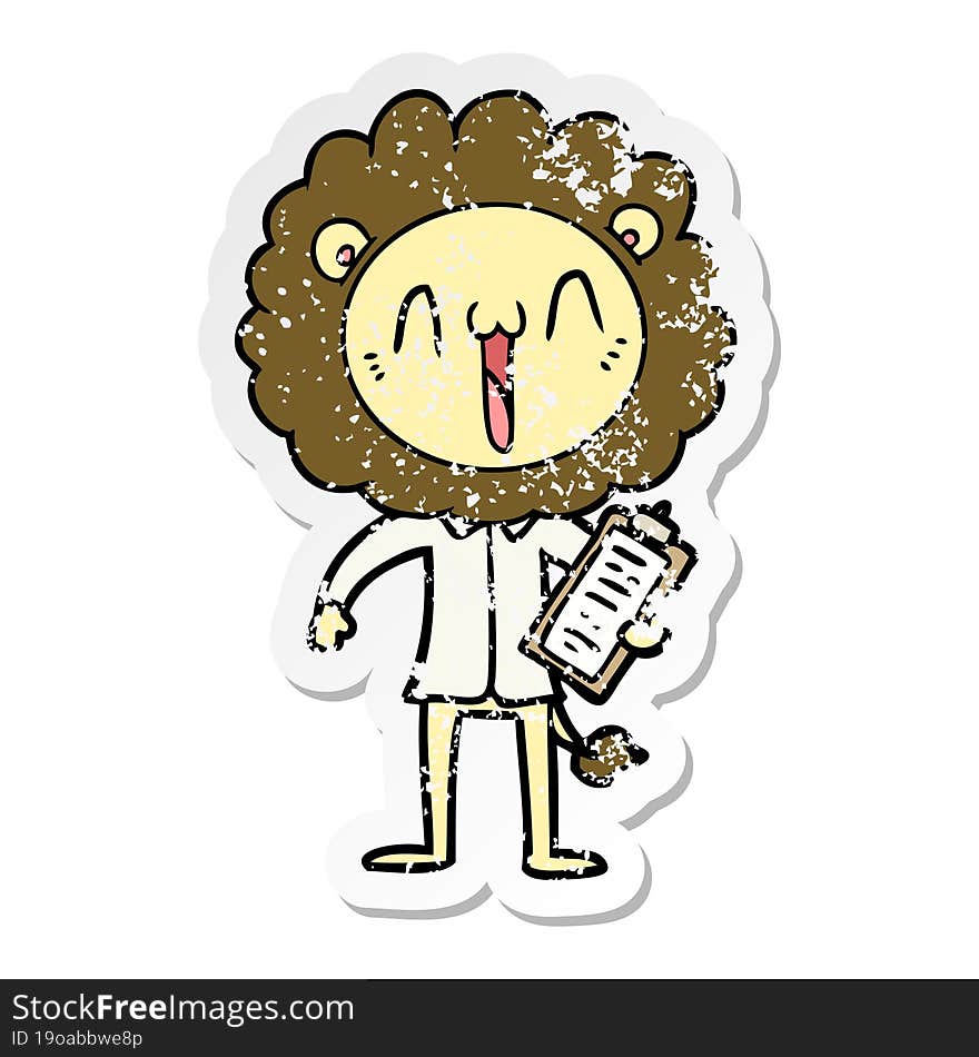 distressed sticker of a happy cartoon lion