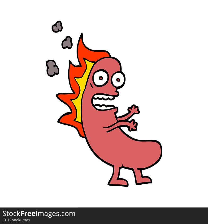 hand drawn doodle style cartoon flaming hotdog