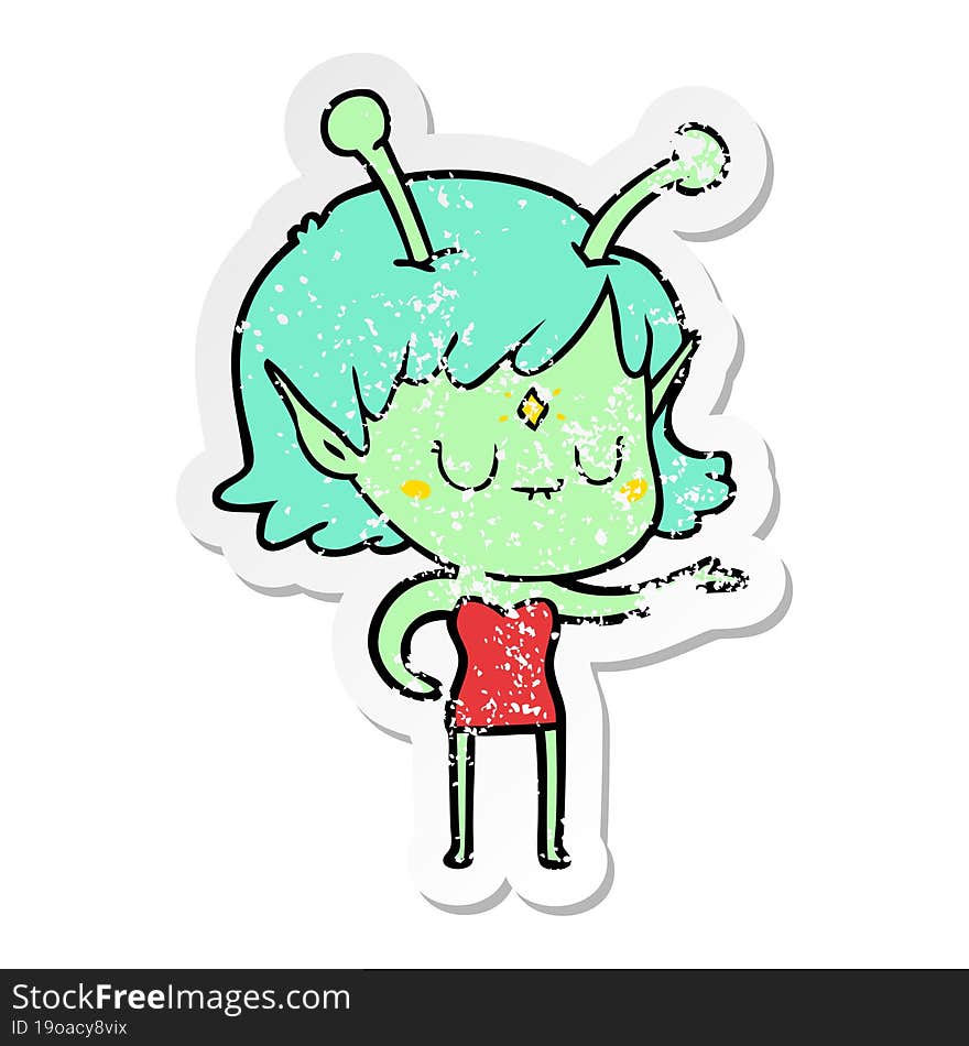 distressed sticker of a cartoon alien girl