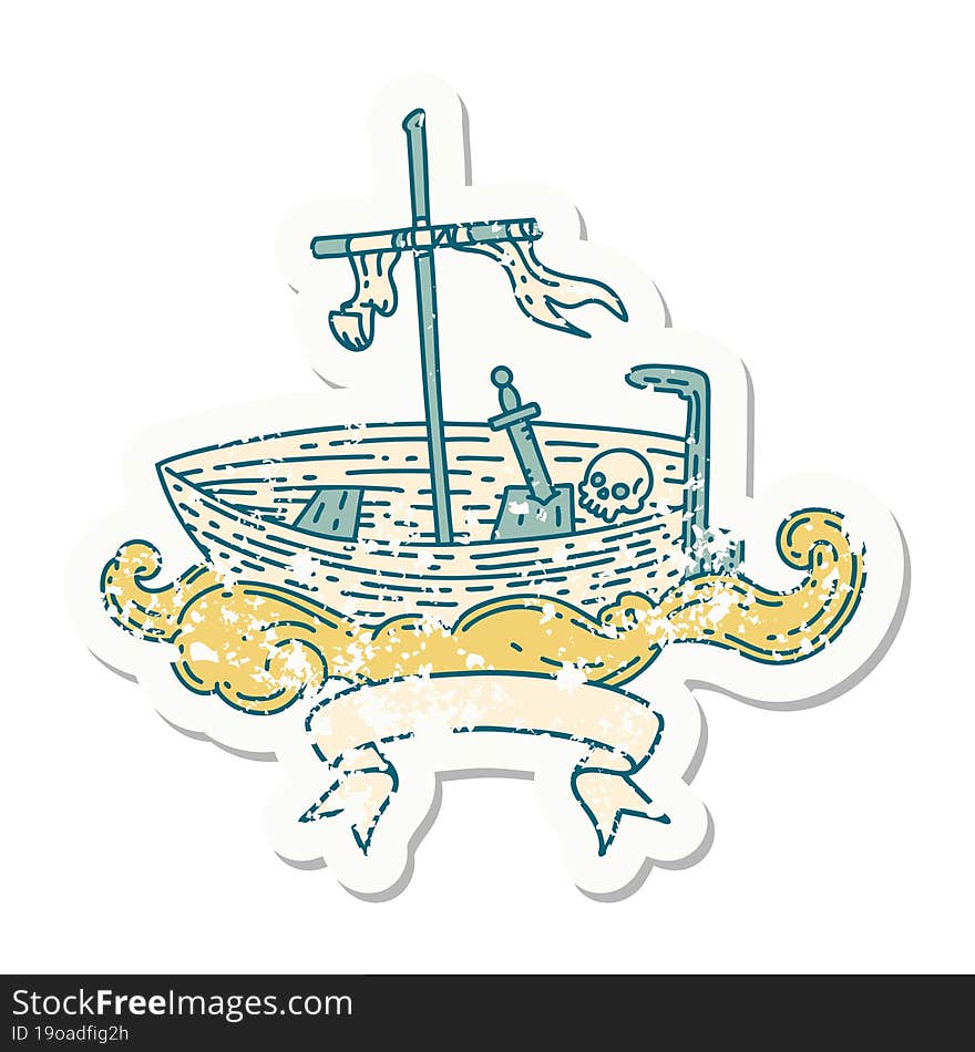 Grunge Sticker Of Tattoo Style Empty Boat With Skull