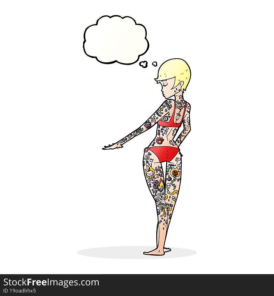 cartoon bikini girl covered in tattoos with thought bubble