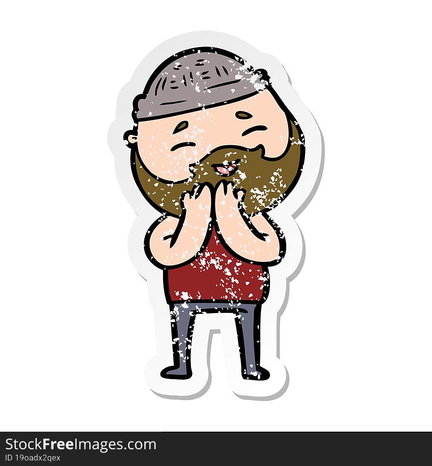 distressed sticker of a cartoon happy bearded man