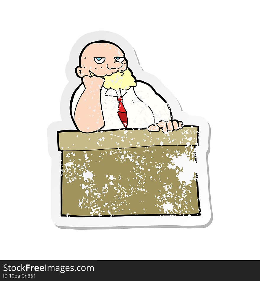 Retro Distressed Sticker Of A Cartoon Bored Man At Desk