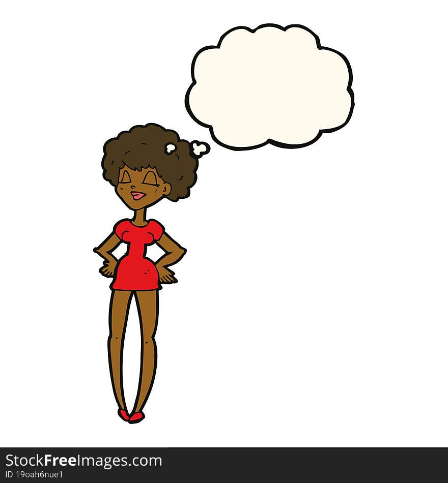 cartoon happy woman with hands on hips with thought bubble