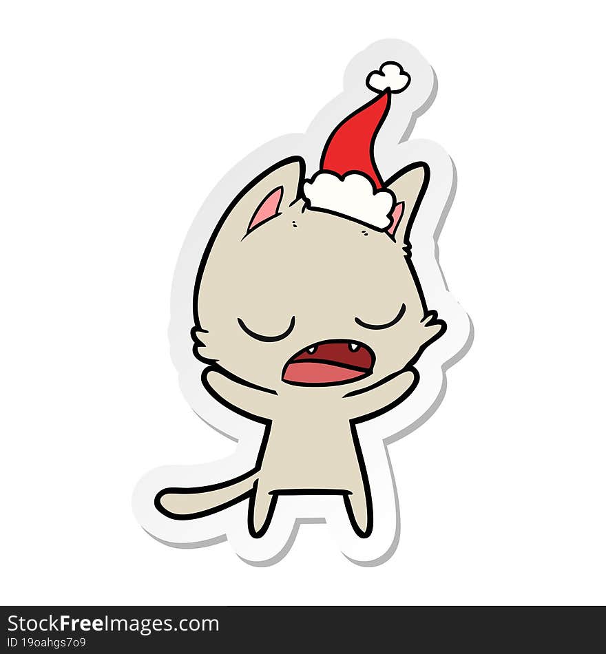 talking cat hand drawn sticker cartoon of a wearing santa hat. talking cat hand drawn sticker cartoon of a wearing santa hat