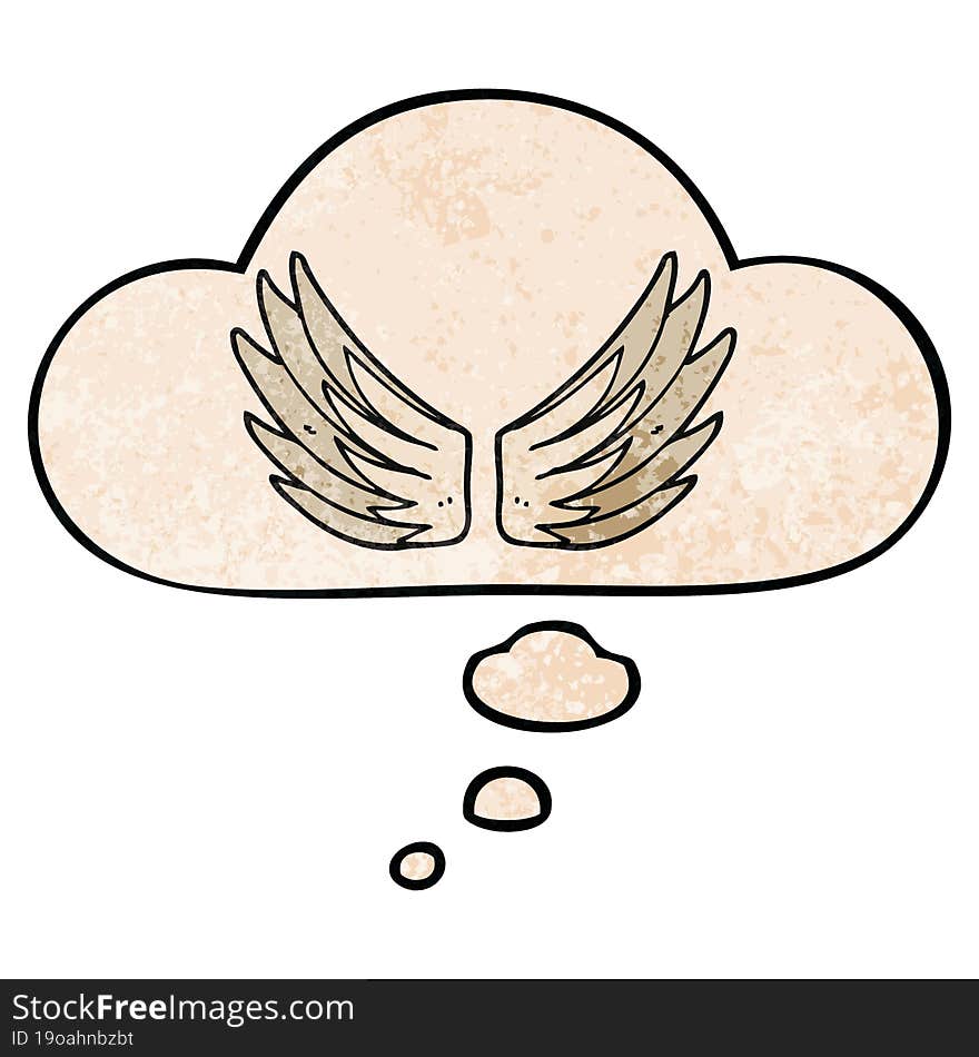 cartoon wings symbol and thought bubble in grunge texture pattern style