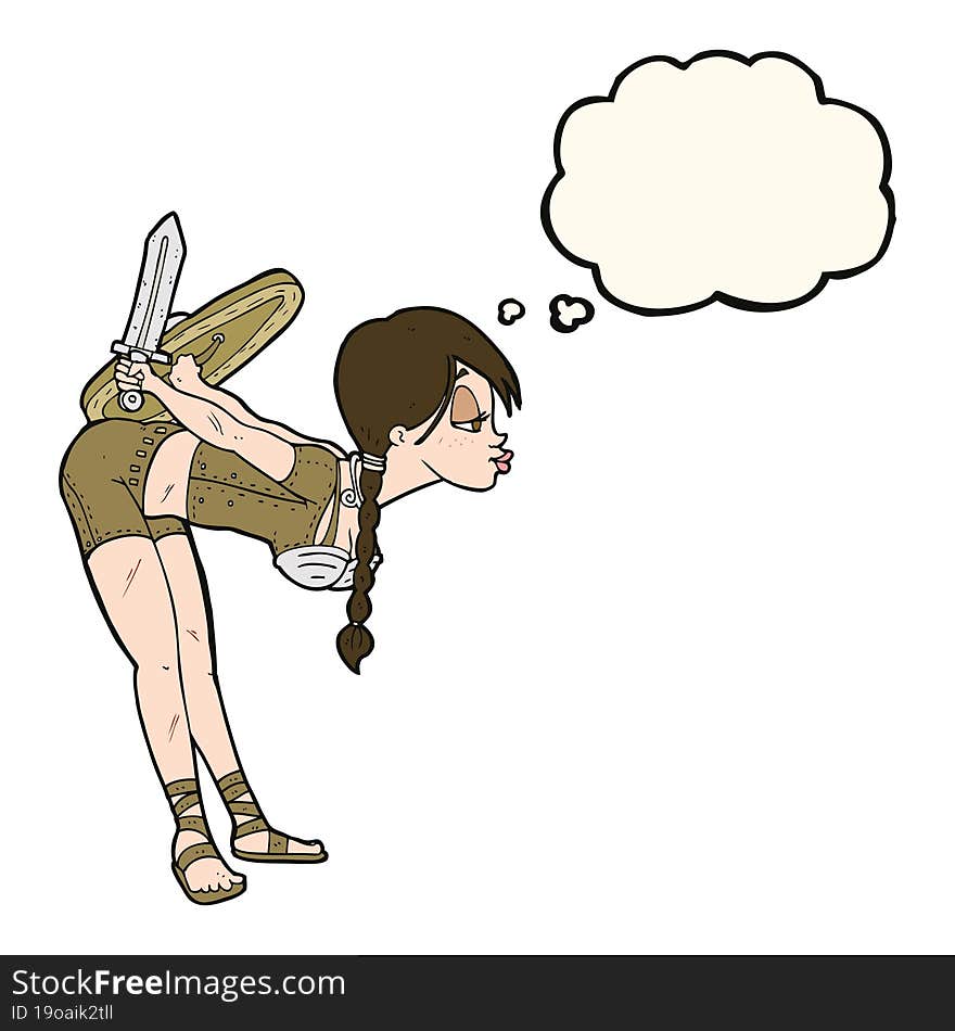 cartoon viking girl bowing with thought bubble