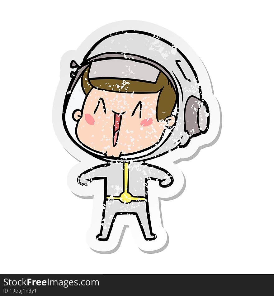 distressed sticker of a happy cartoon astronaut