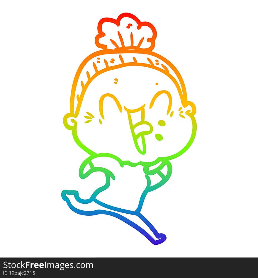 rainbow gradient line drawing of a cartoon happy old woman