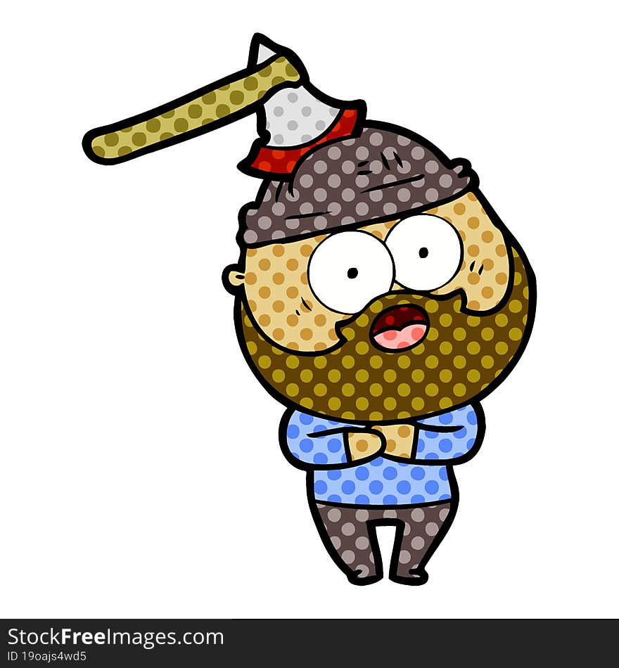 cartoon bearded man with axe in head. cartoon bearded man with axe in head