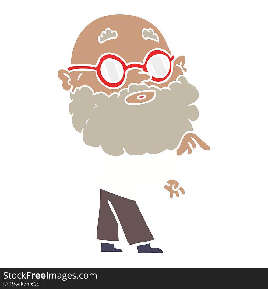 flat color style cartoon curious man with beard and glasses