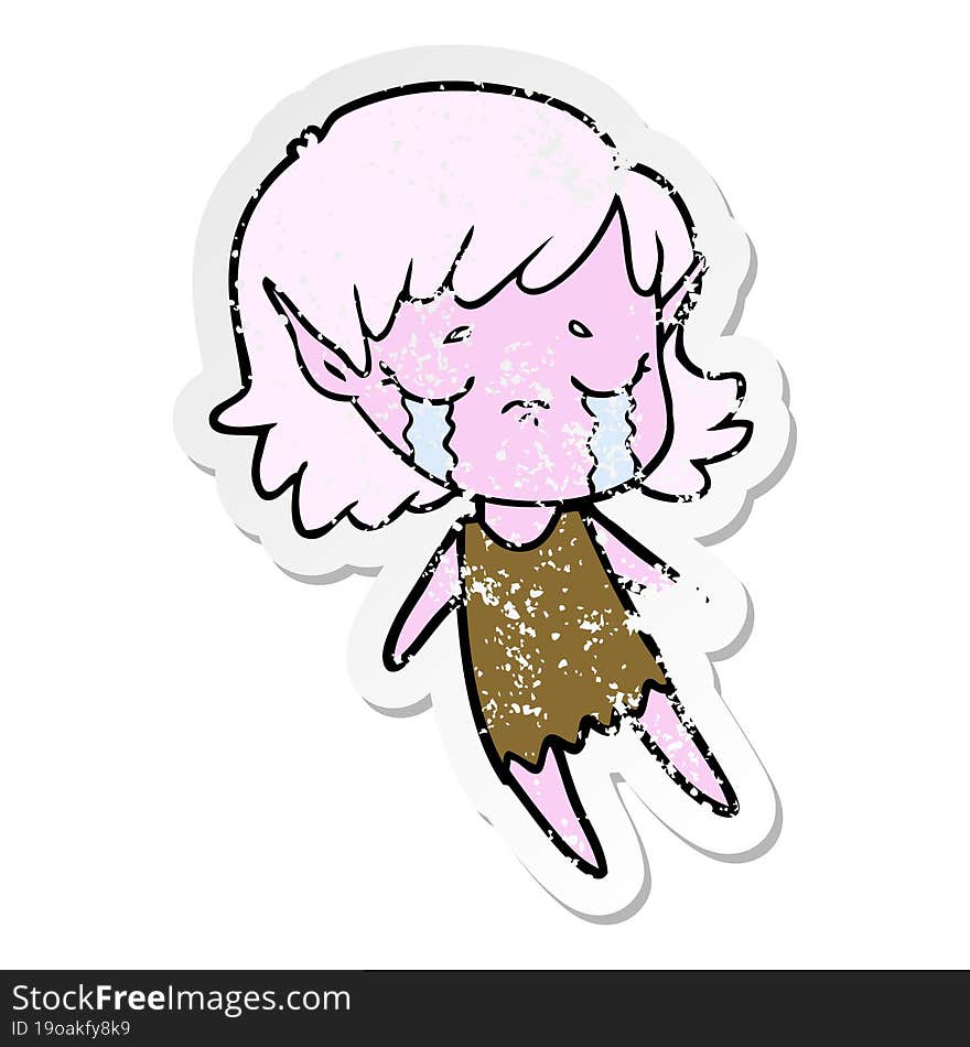 distressed sticker of a cartoon crying elf girl