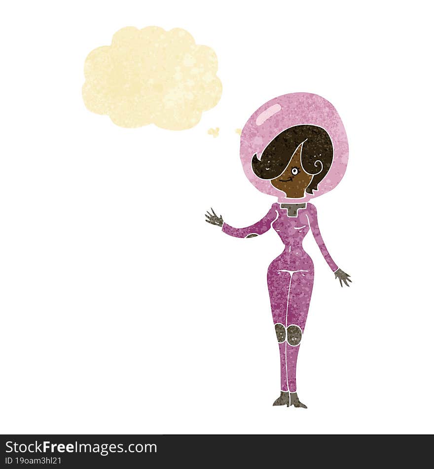 cartoon space woman with thought bubble