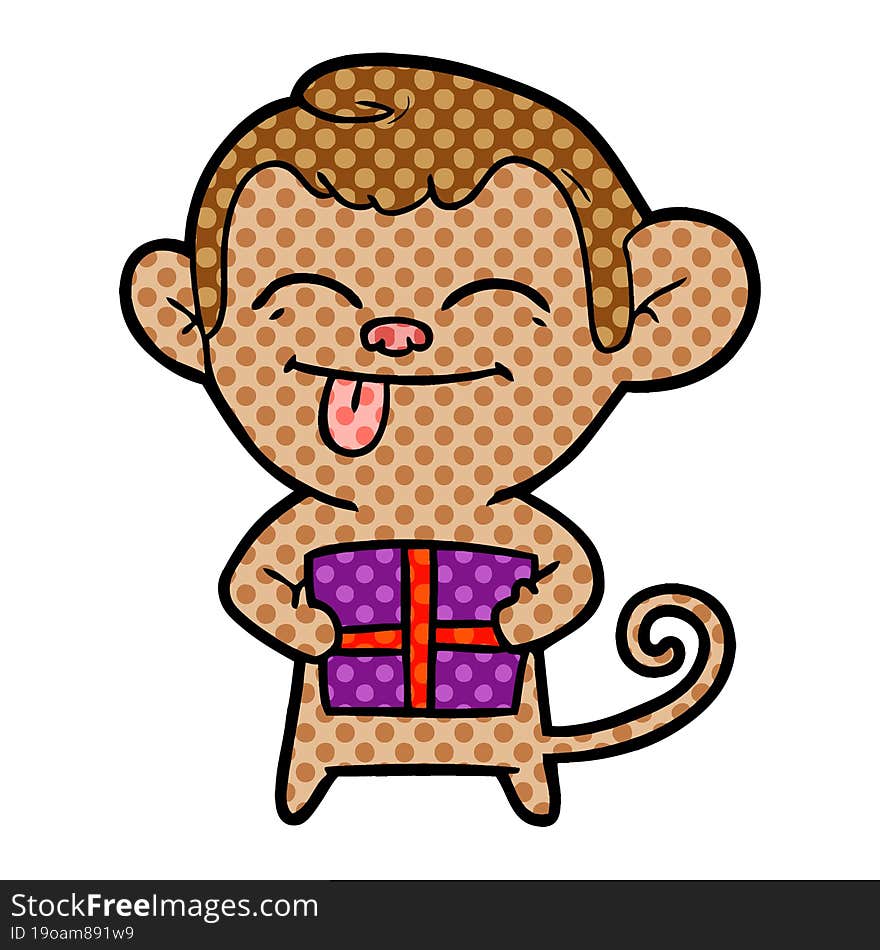 funny cartoon monkey with christmas present. funny cartoon monkey with christmas present