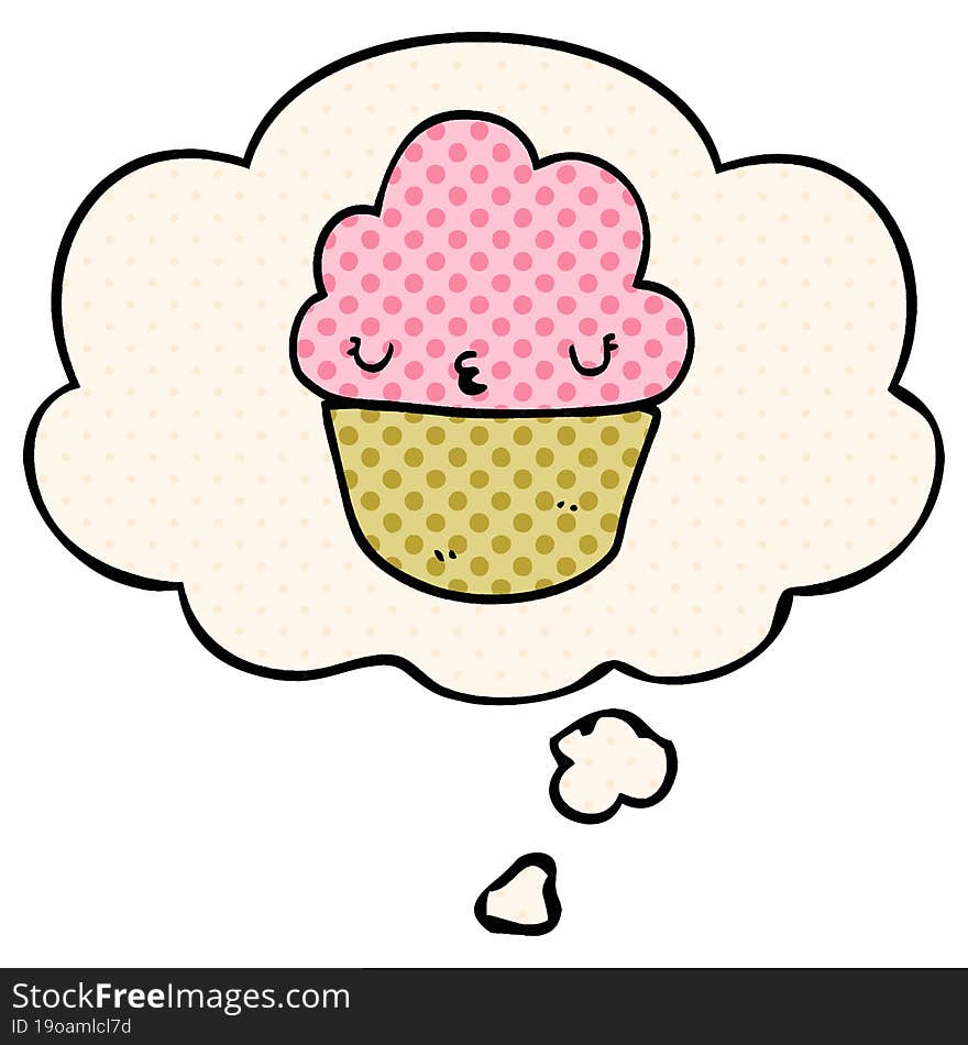 cartoon cupcake with face and thought bubble in comic book style