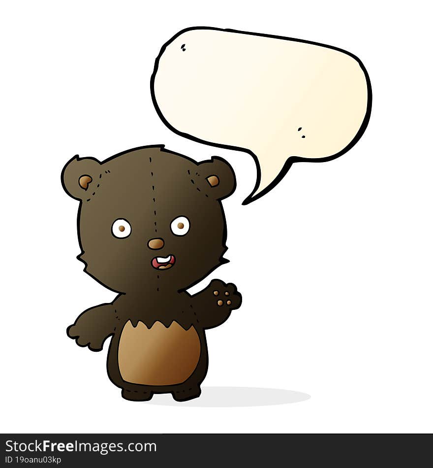 cartoon waving black bear cub with speech bubble