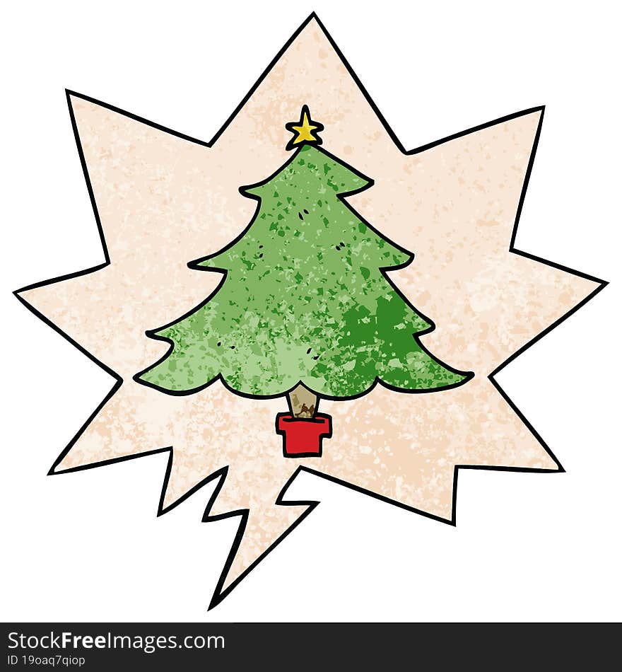 cartoon christmas tree and speech bubble in retro texture style