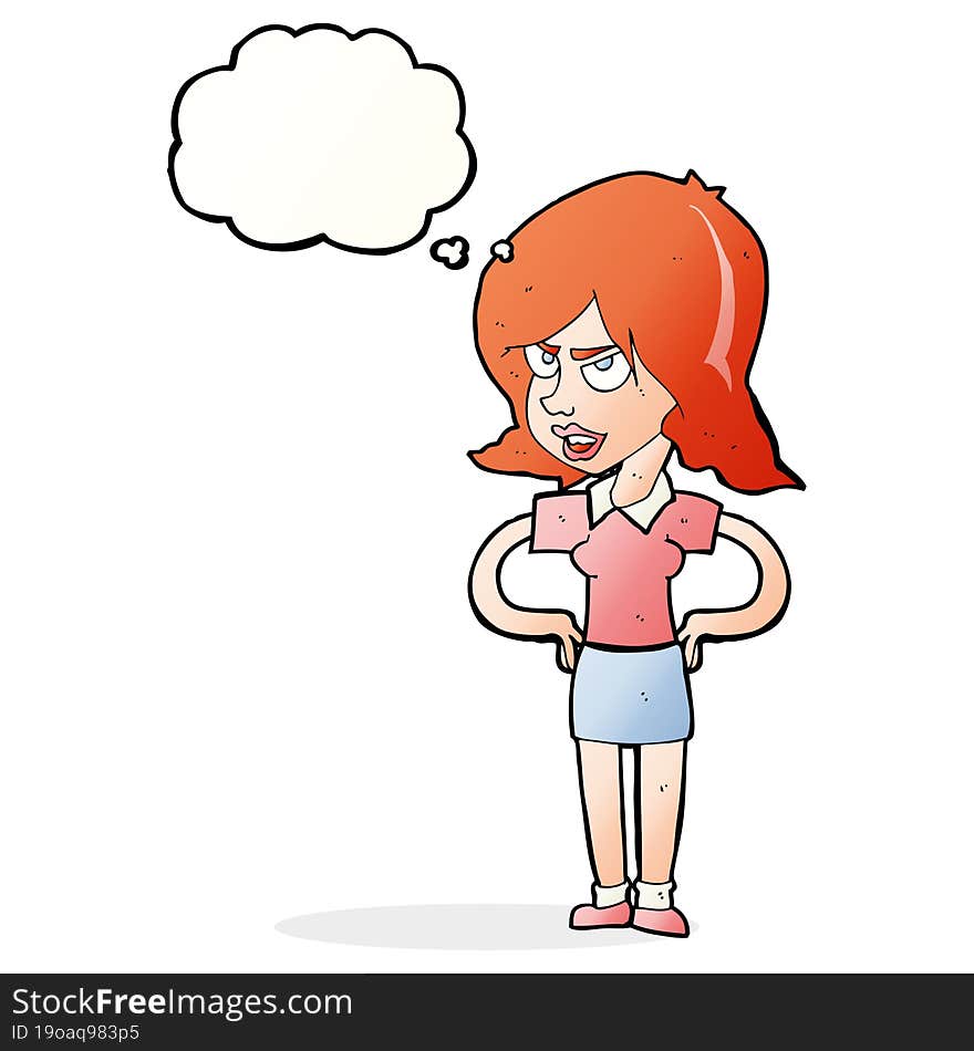 cartoon annoyed woman with hands on hips with thought bubble