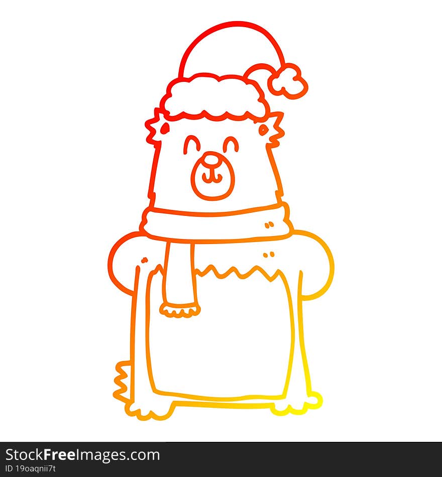 warm gradient line drawing cartoon bear wearing christmas hat