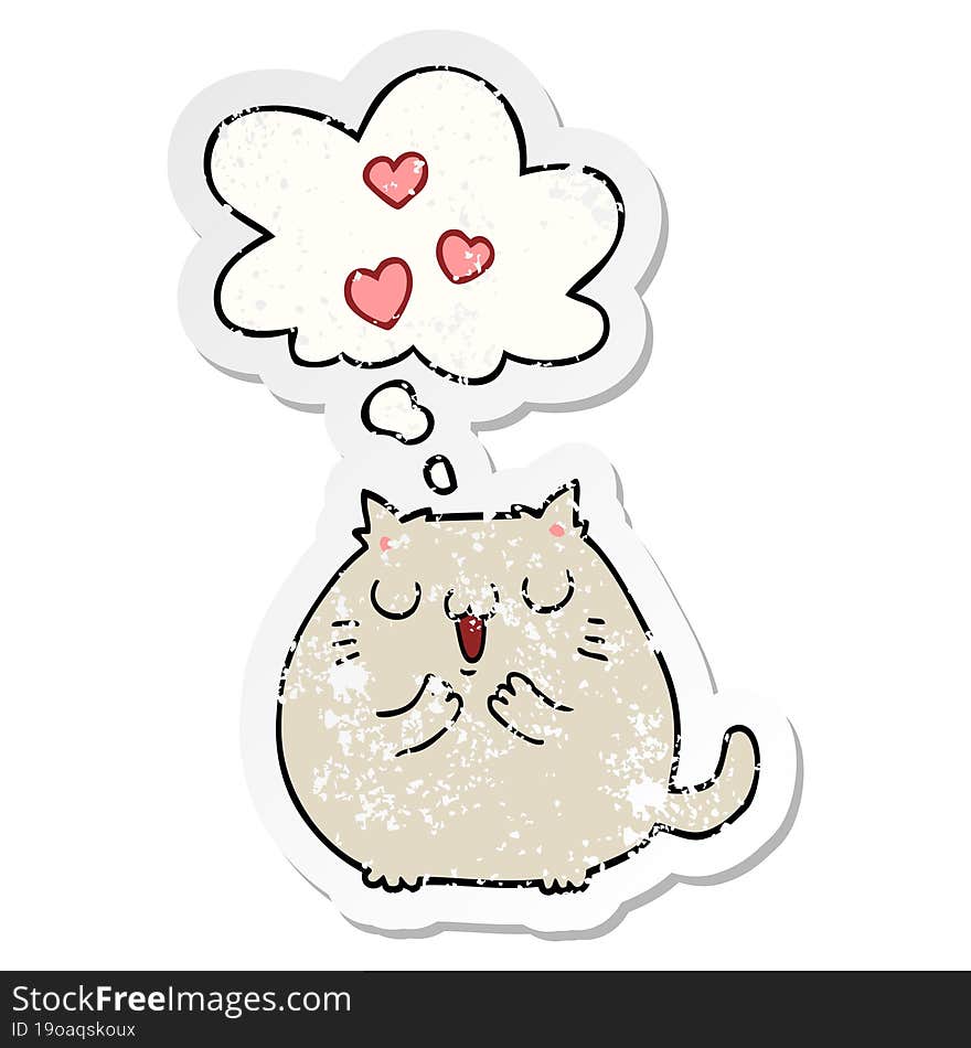 cute cartoon cat in love with thought bubble as a distressed worn sticker