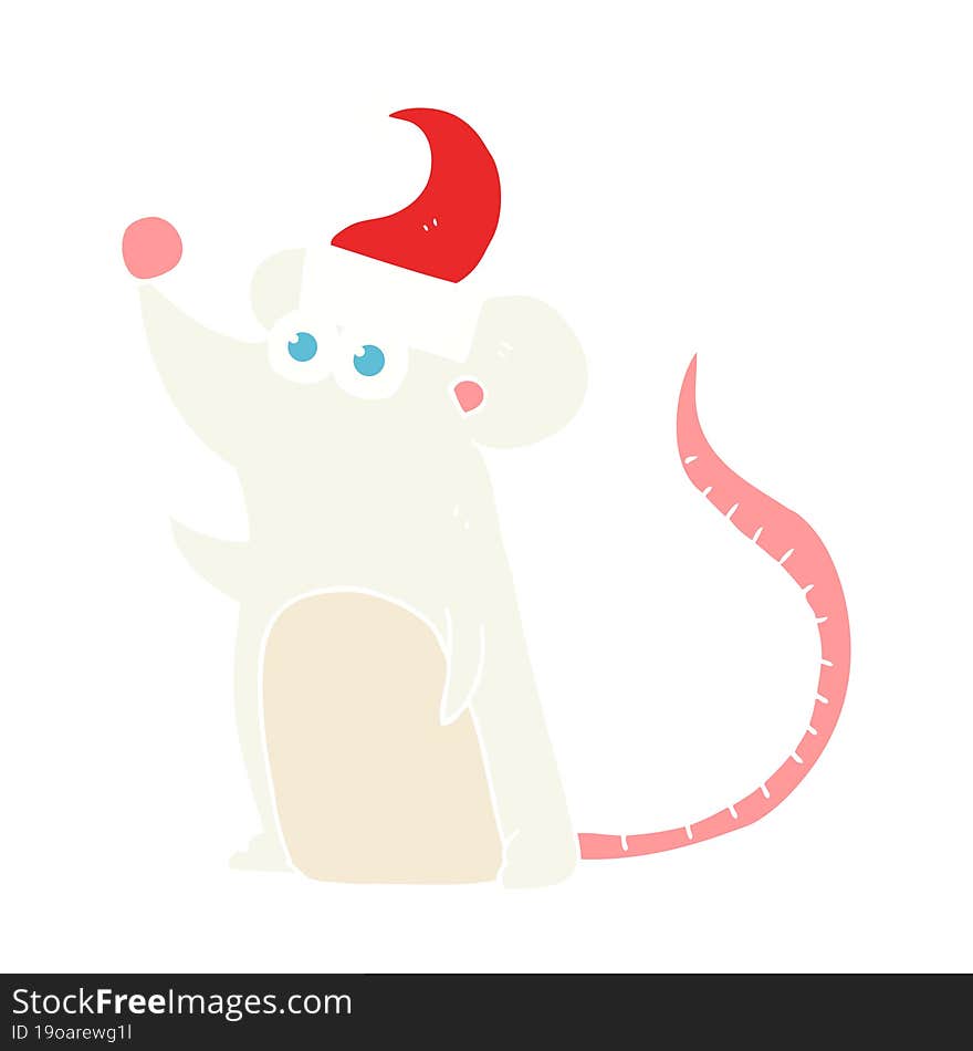 flat color illustration of mouse in christmas hat. flat color illustration of mouse in christmas hat