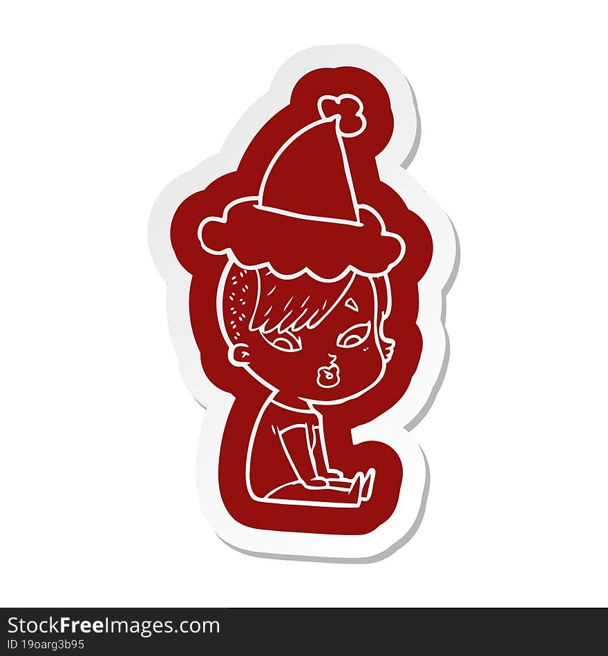 cartoon icon of a surprised girl wearing santa hat