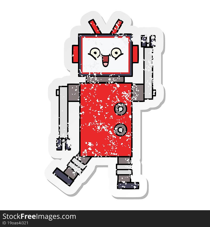 Distressed Sticker Of A Cute Cartoon Happy Robot