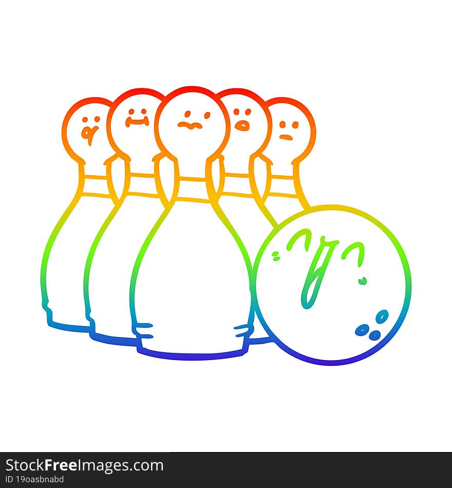 rainbow gradient line drawing of a cartoon laughing bowling ball and pins