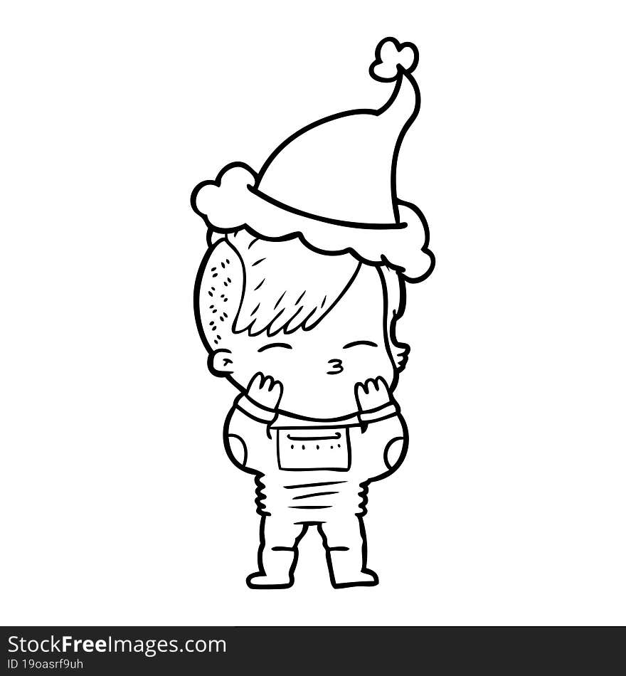 line drawing of a girl wearing futuristic clothes wearing santa hat