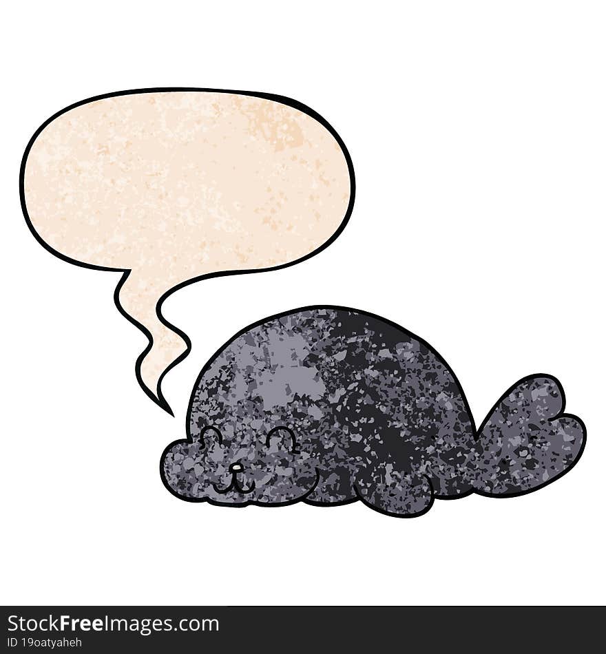 cute cartoon seal and speech bubble in retro texture style