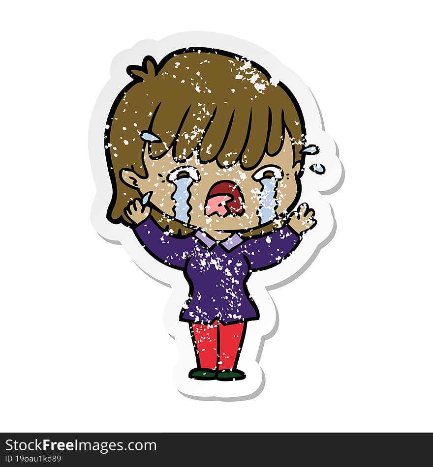 distressed sticker of a cartoon girl crying