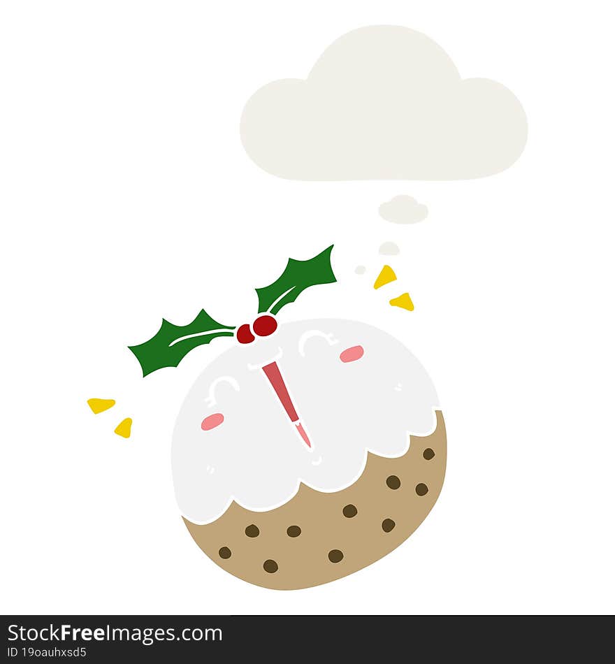 cute cartoon christmas pudding and thought bubble in retro style