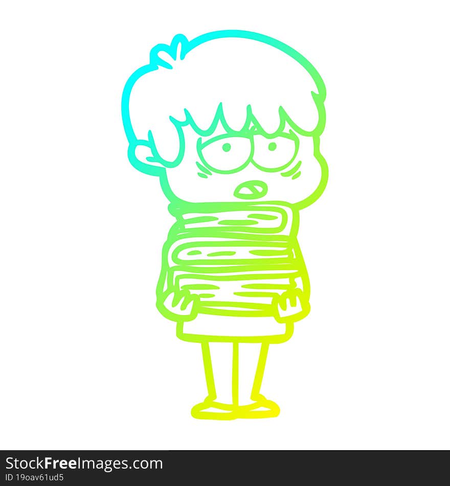 cold gradient line drawing cartoon exhausted boy holding book